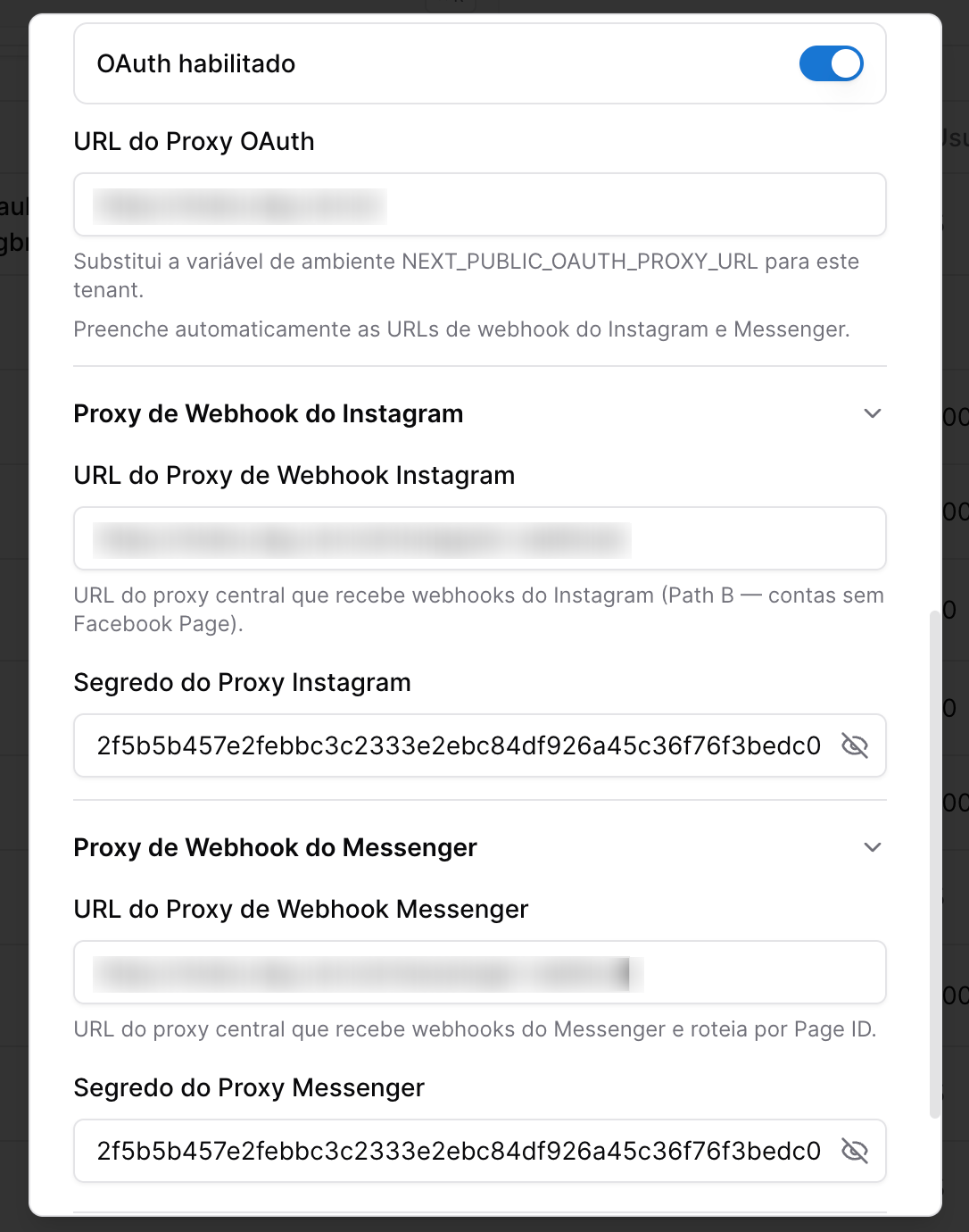 Central | RE9SYS - tela de configuração do Tenant - oauth instagram e facebook messenger