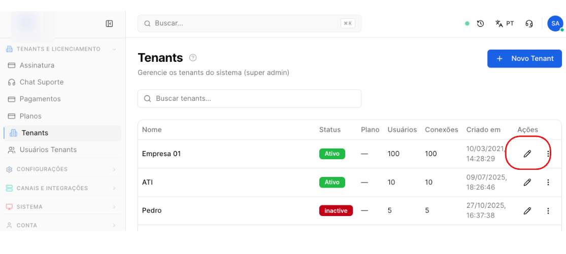 Central | RE9SYS - tela de gestão de Tenants - como editar tenant